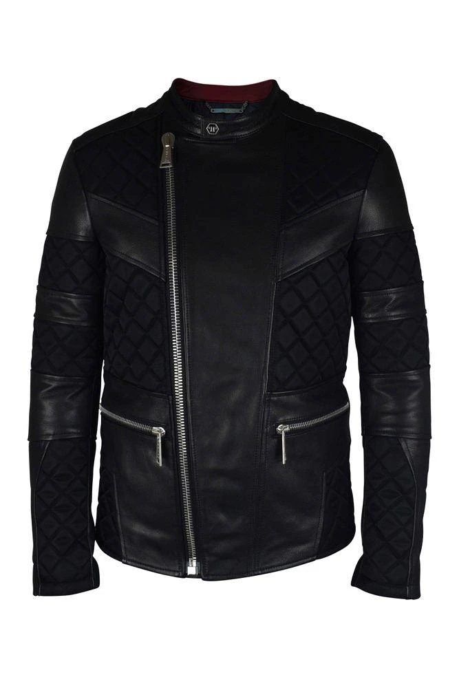 Philipp Plein Black Leather Biker Jacket With Quilted Panels