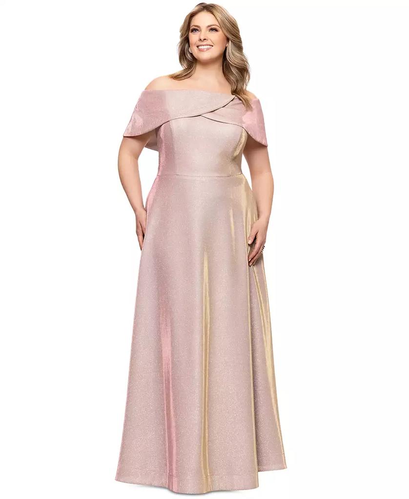 Betsy & Adam Plus Size Metallic Off-The-Shoulder Gown