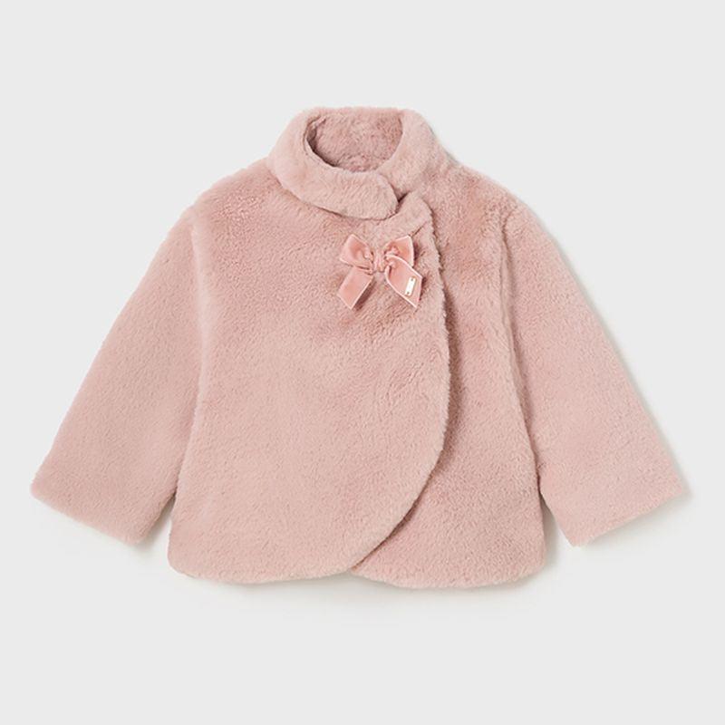 MAYORAL Pink Rose Bow Overlap Faux Fur Coat