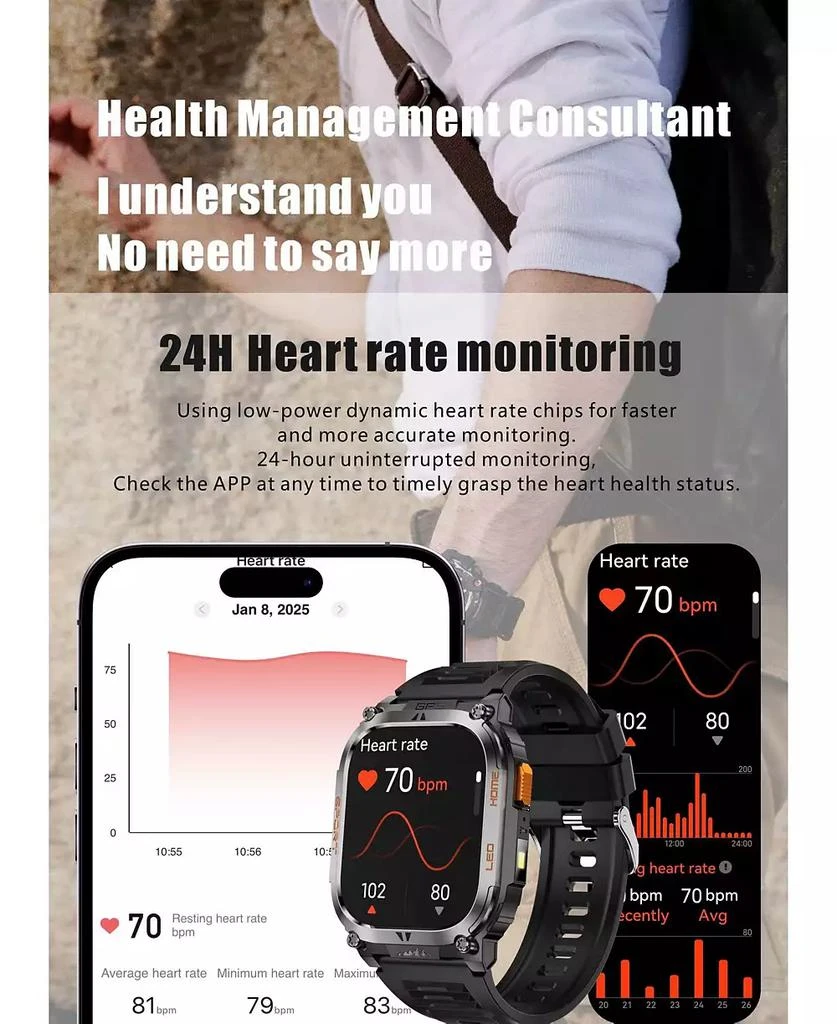 RUXING Smart RUXING 2.01" Smart Watch for Women Men With Outdoor positioning, Calling,Intelligent Reminder , Sport Modes, IP68, 630mAh 10