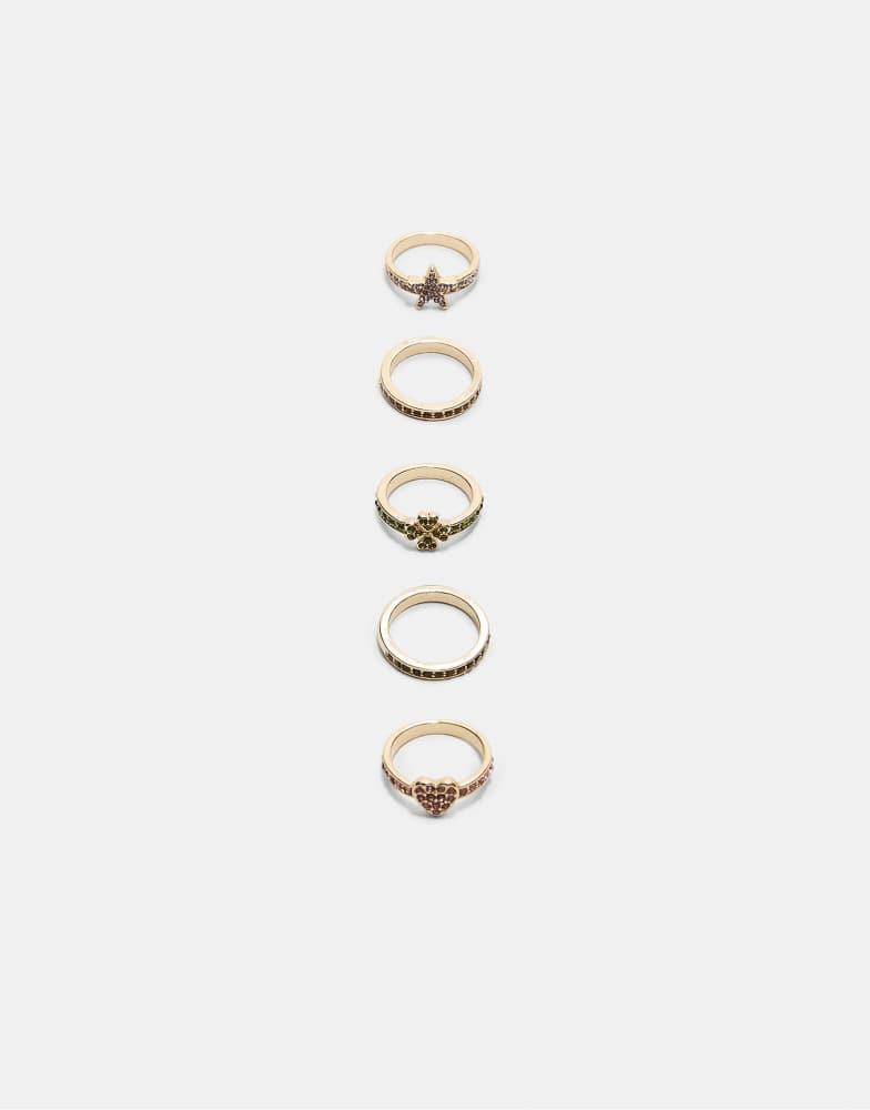 Stradivarius Stradivarius Set of 5 rhinestone rings in gold