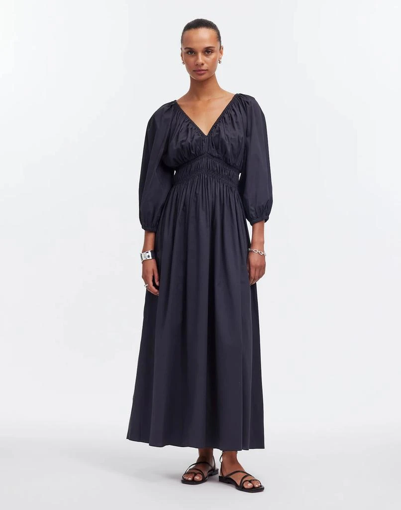 Printed Smocked Tie Neck Balloon Sleeve Maxi Dress