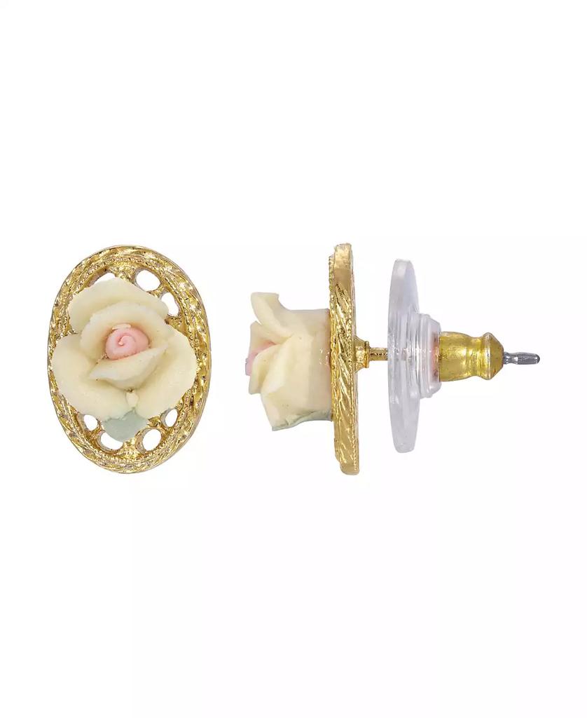 2028 14K Gold Plated Rose Oval Lattice Button Earrings