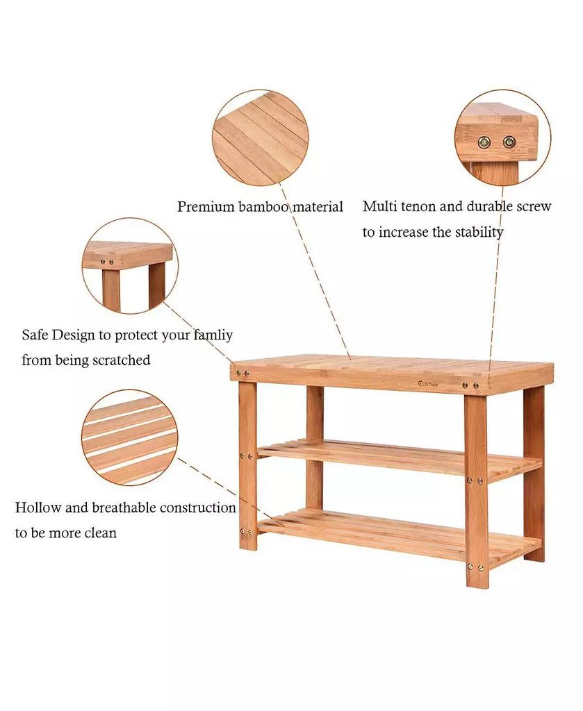 Costway 2-Tier Bamboo Shoe Bench Storage Racks Seat Organizer Entryway Hallway 8