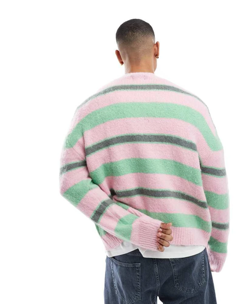 Pull&Bear Pull&Bear fluffy knitted stripe jumper in pink 3