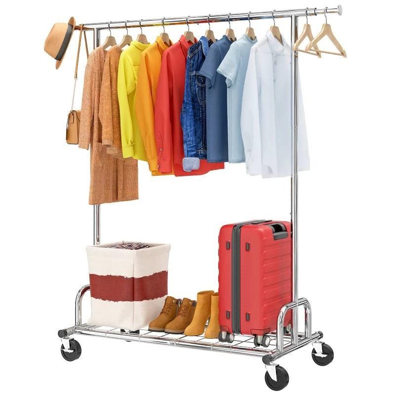 QuikFurn Heavy Duty Metal Clothing Bar Garment Rack on Lockable Casters - 450lb Capacity