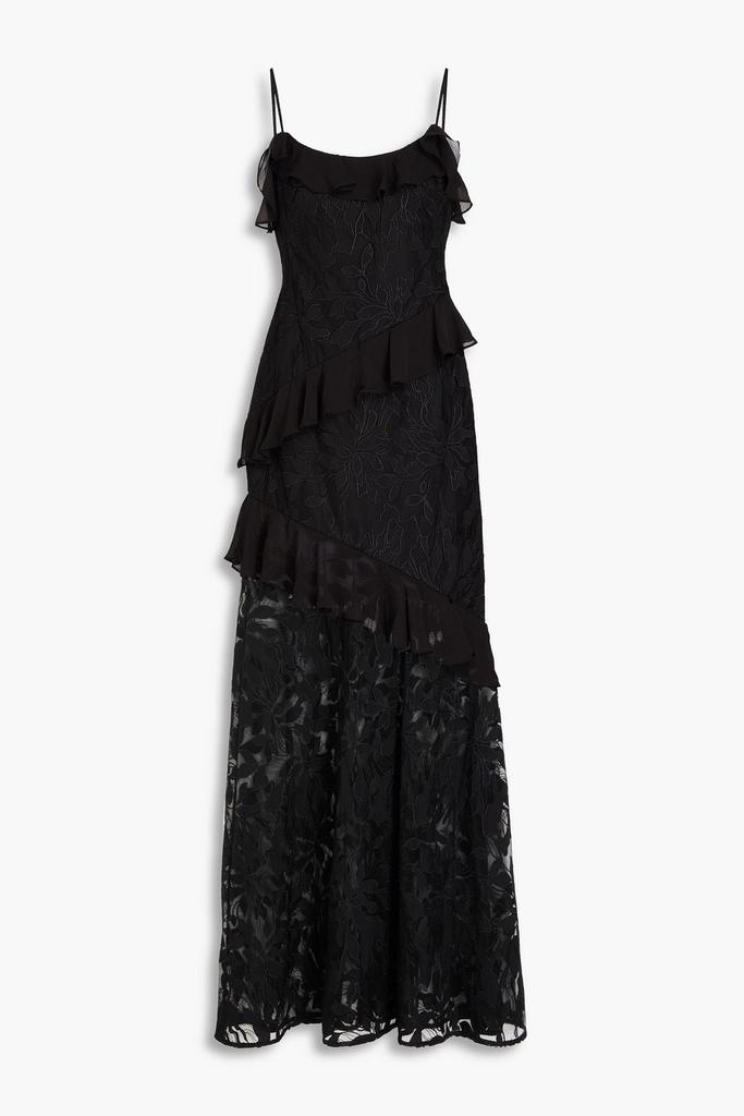 Monique Lhuillier Cold-shoulder ruffled embroidered tulle gown