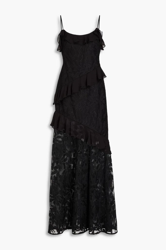 Monique Lhuillier Cold-shoulder ruffled embroidered tulle gown 1