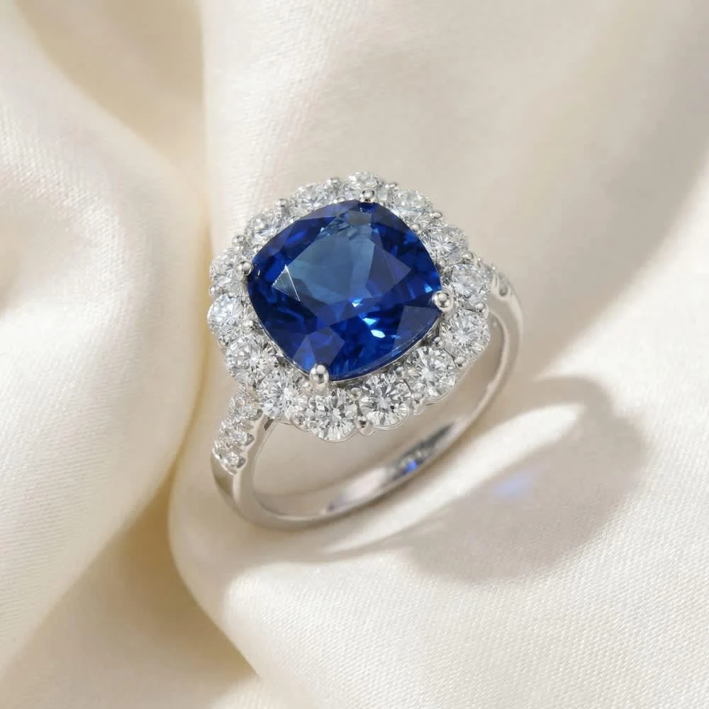 Pompeii3 6 1/2 Ct Diamond Halo Created Sapphire Ring 10k White Gold Lab Grown 2