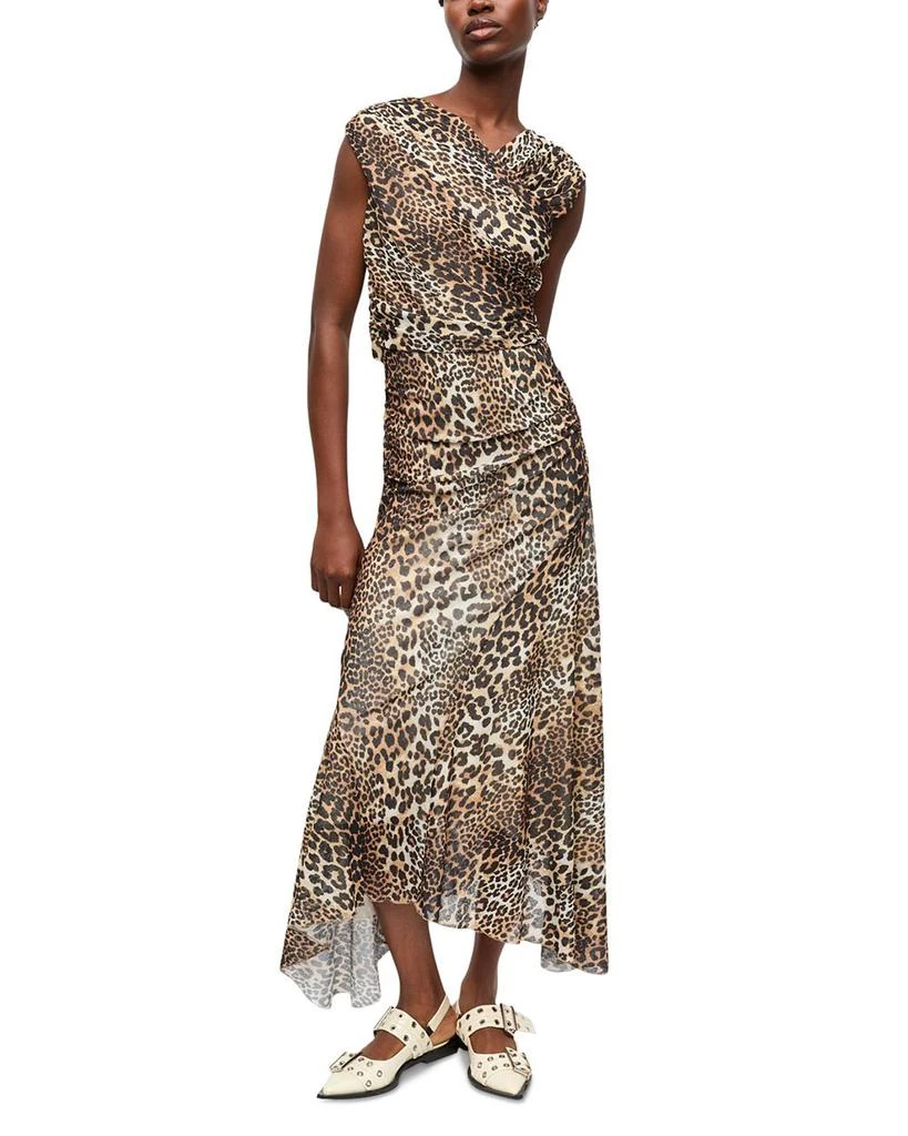 Ganni Leopard Printed Mesh Long Ruched Crossover Dress 1