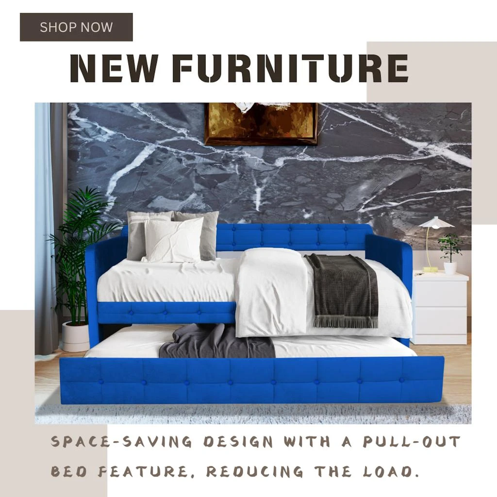 Streamdale Furniture Streamdale Elegant Blue Velvet Daybed with Trundle 2