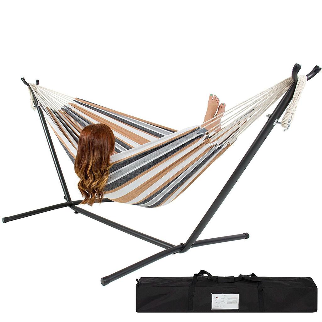 QuikFurn Portable Cotton Hammock in Desert Stripe with Metal Stand and Carry Case