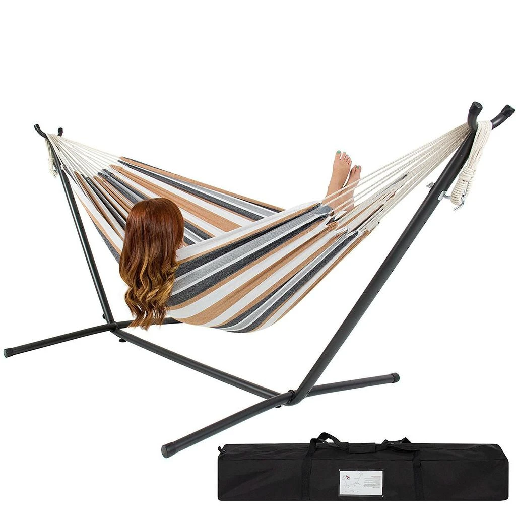 QuikFurn Portable Cotton Hammock in Desert Stripe with Metal Stand and Carry Case 1