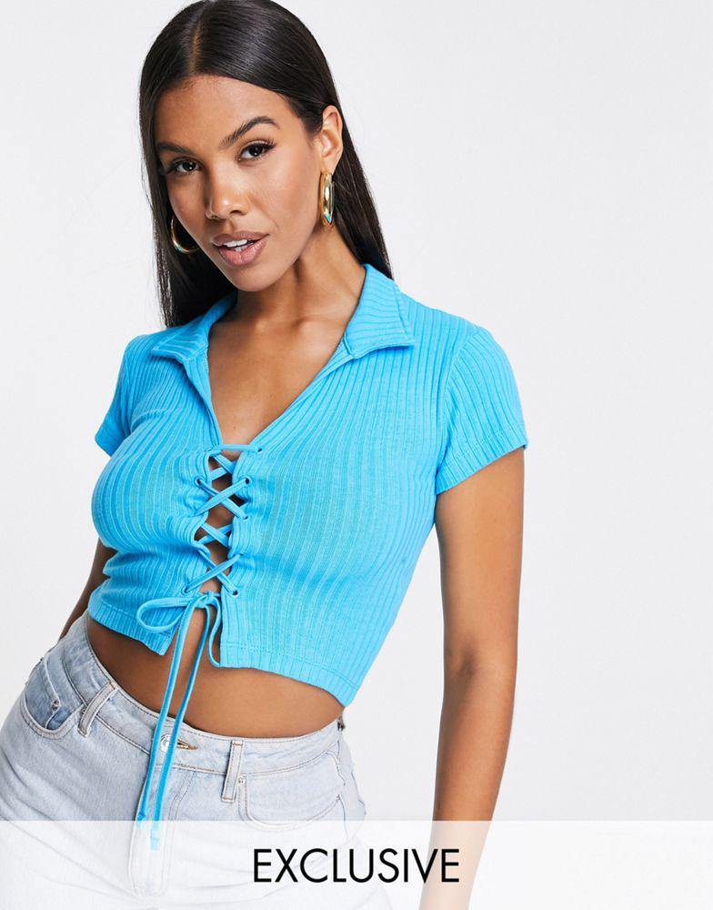 AsYou ASYOU lace up rib polo top in aqua