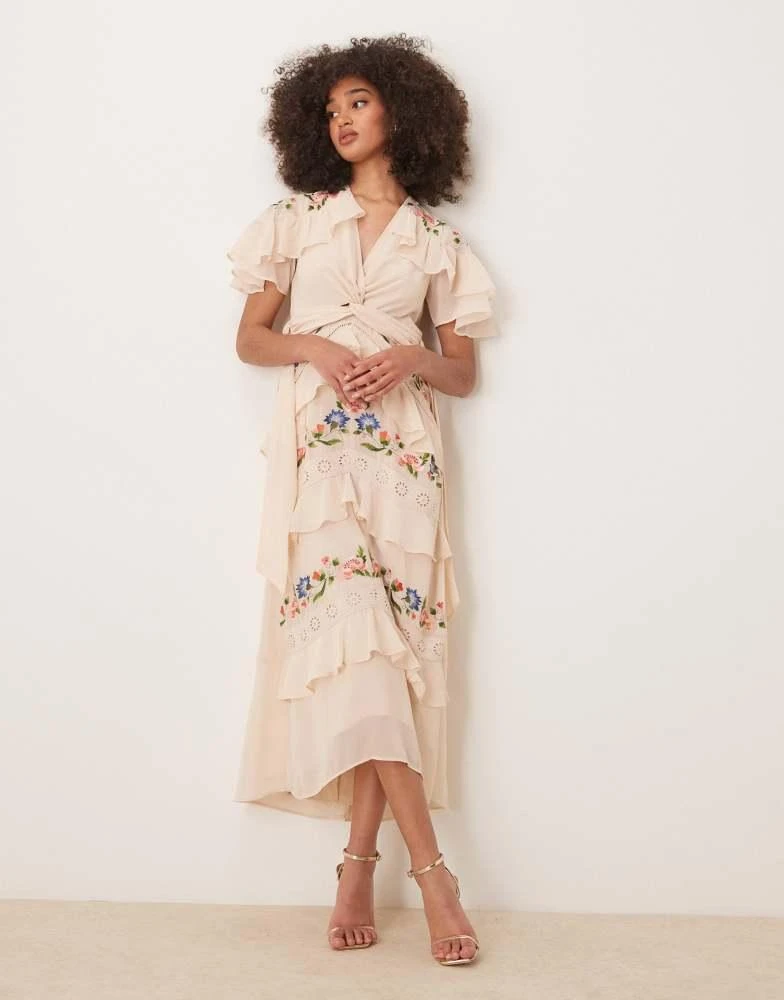 hope and ivy embroidered dress Hope & Ivy embroidered v-neck tiered skirt midi dress in cream