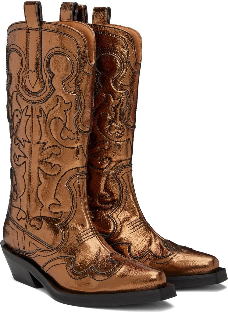 Ganni Gold Mid Shaft Embroidered Western Boots 4