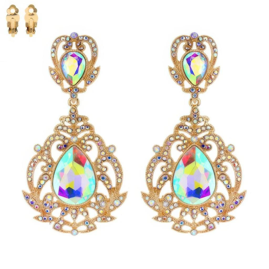 TRUEDAMES Crystal Teardrop Shaped Filigree Clip On Earrings