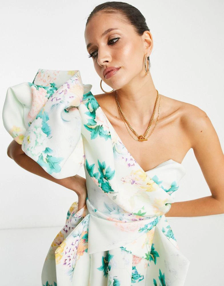 ASOS ASOS DESIGN one shoulder origami midi prom dress in blue floral print 2