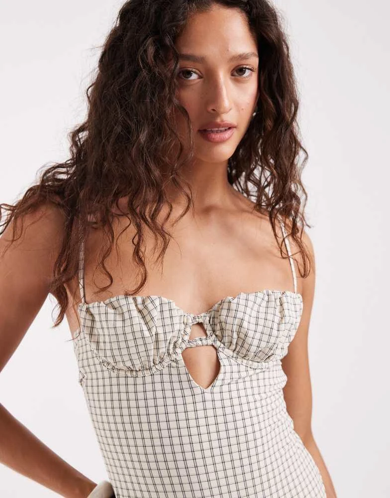 ASOS ASOS DESIGN Piper paper touch check ruched balcony swimsuit in checked print 4