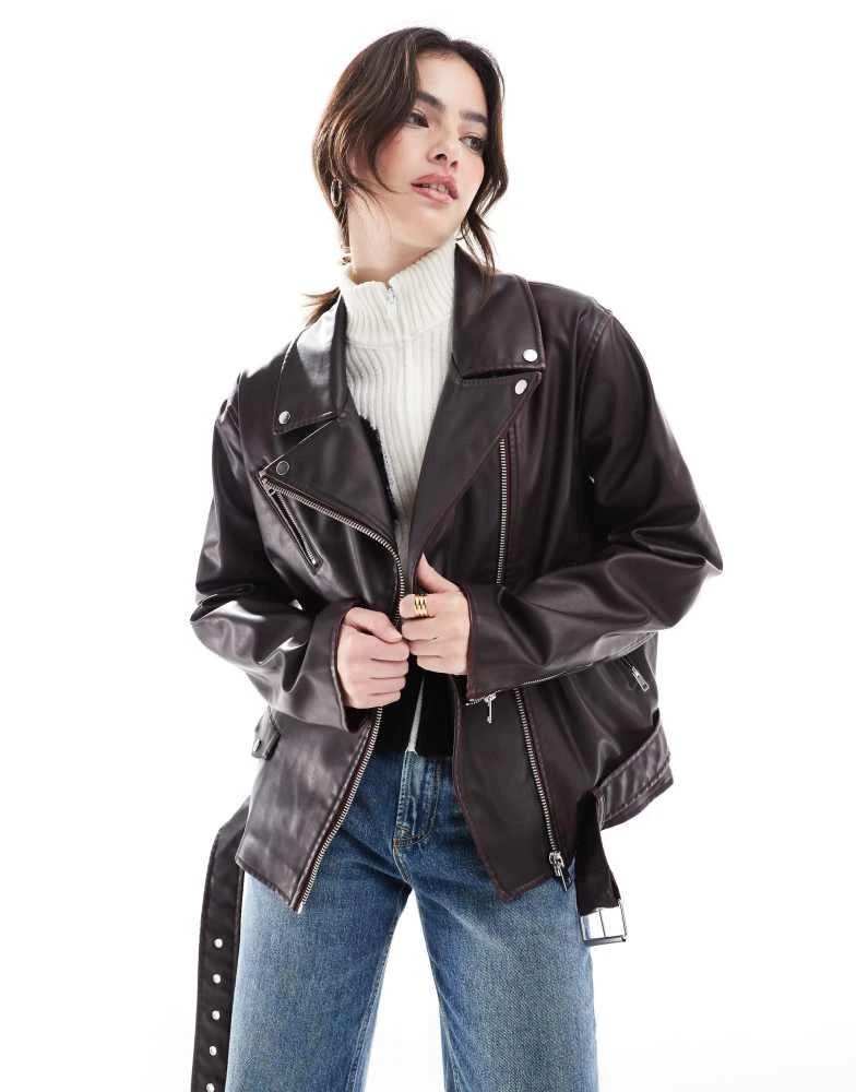 Cotton:On Cotton On roman faux leather biker jacket in distressed cherry 1
