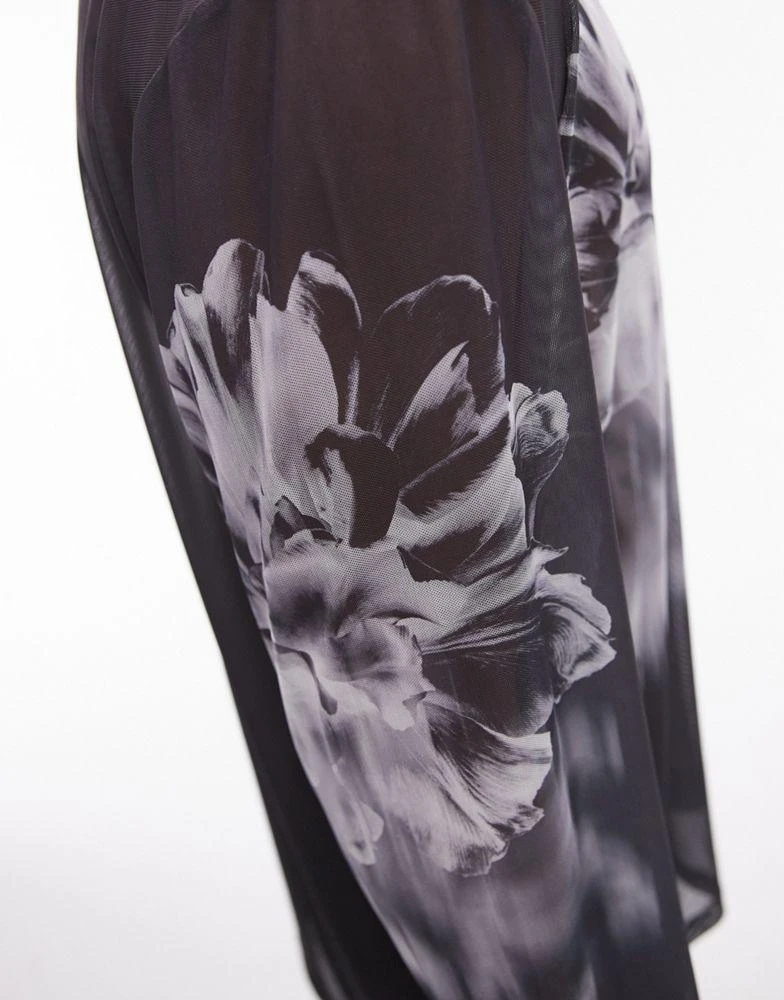 Topman Topman oversized fit long sleeve mesh t-shirt with floral print in black 3