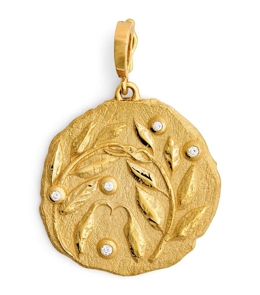 Azlee Large Yellow Gold and Diamond Olive Branch Coin Charm