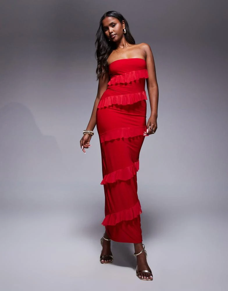 knee length dresses for ladies Nevali Bandeau Ruffle Detail Maxi Dress in Dusty Pink