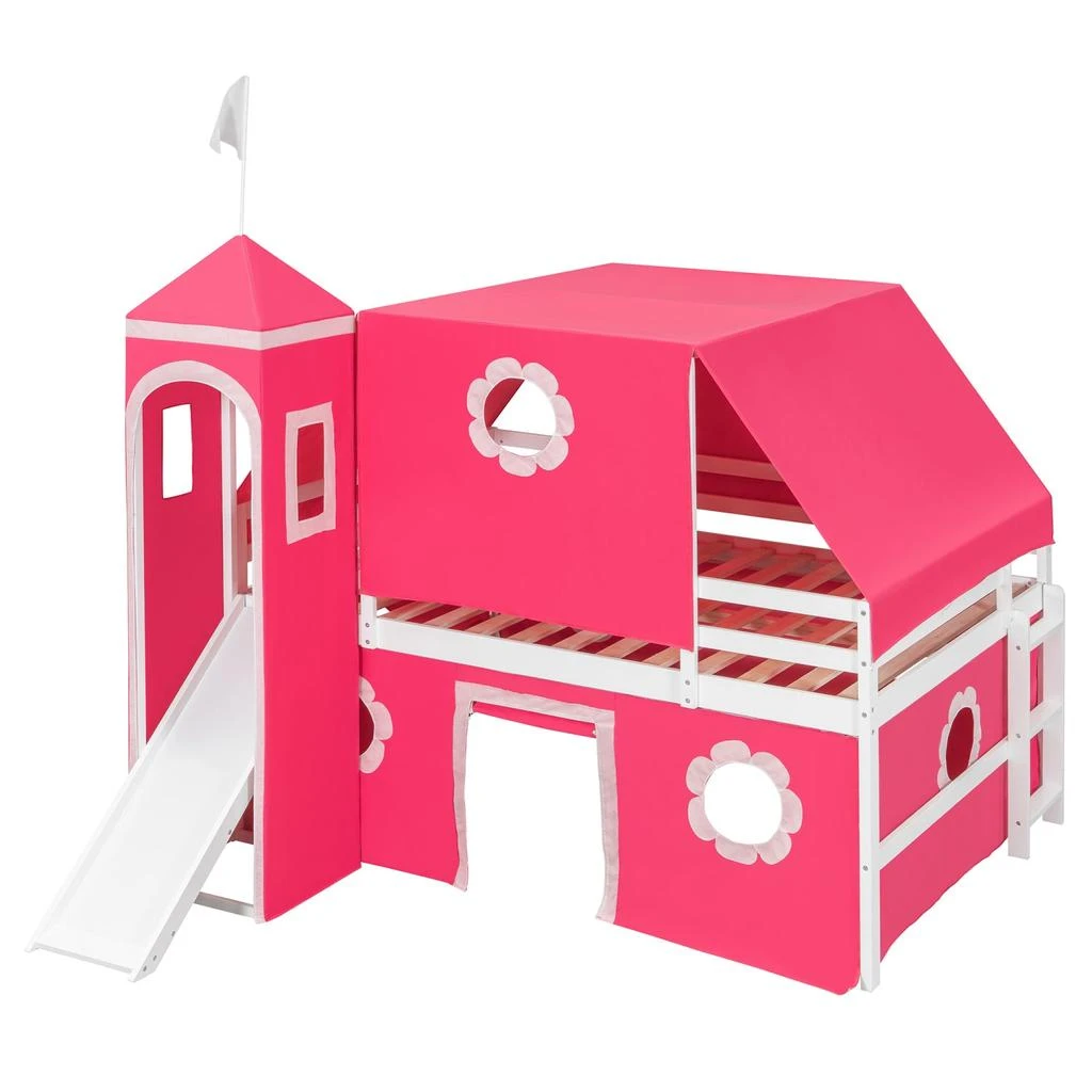 Streamdale Furniture Streamdale Full Size Loft Bed with Slide Pink Tent and Tower - Pink 4