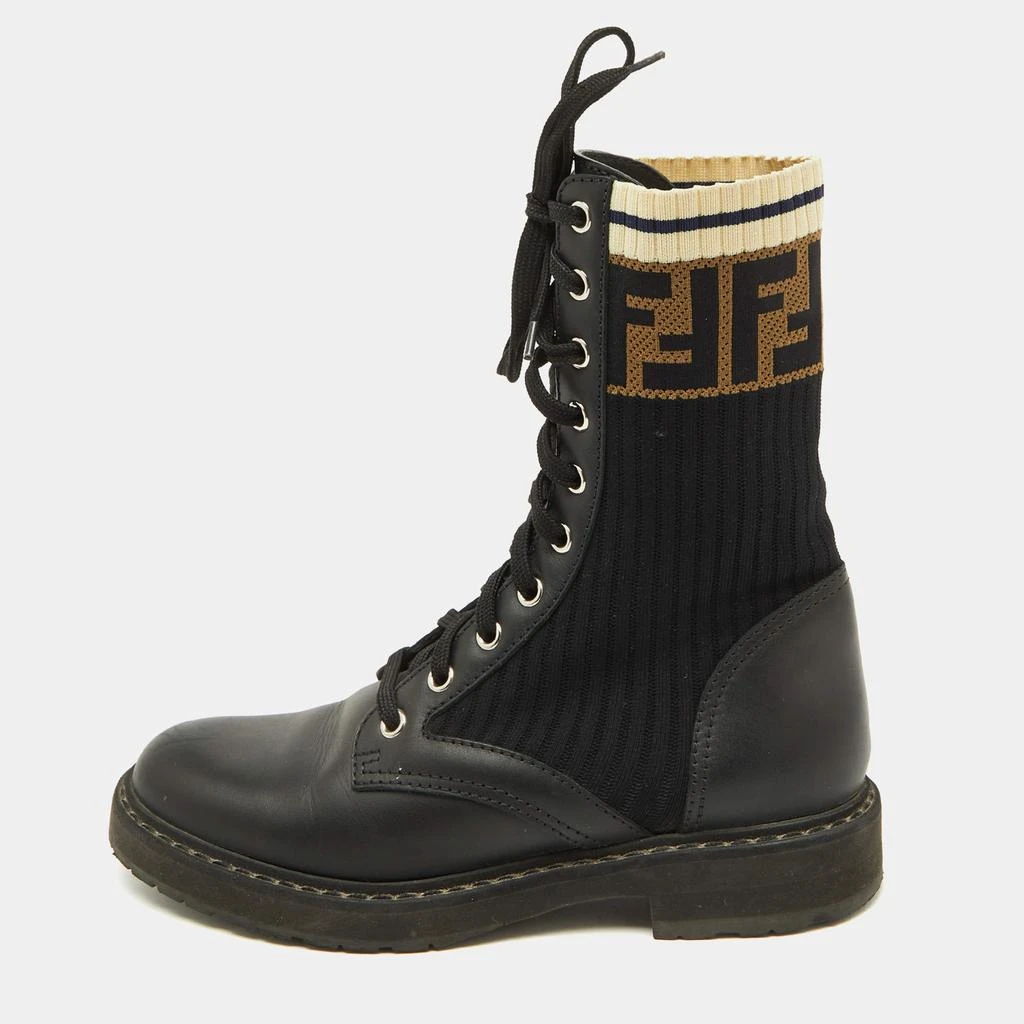 Fendi Fendi Black Leather and Zucca Stretch Fabric Rockoko Combat Boots Size 35.5 1