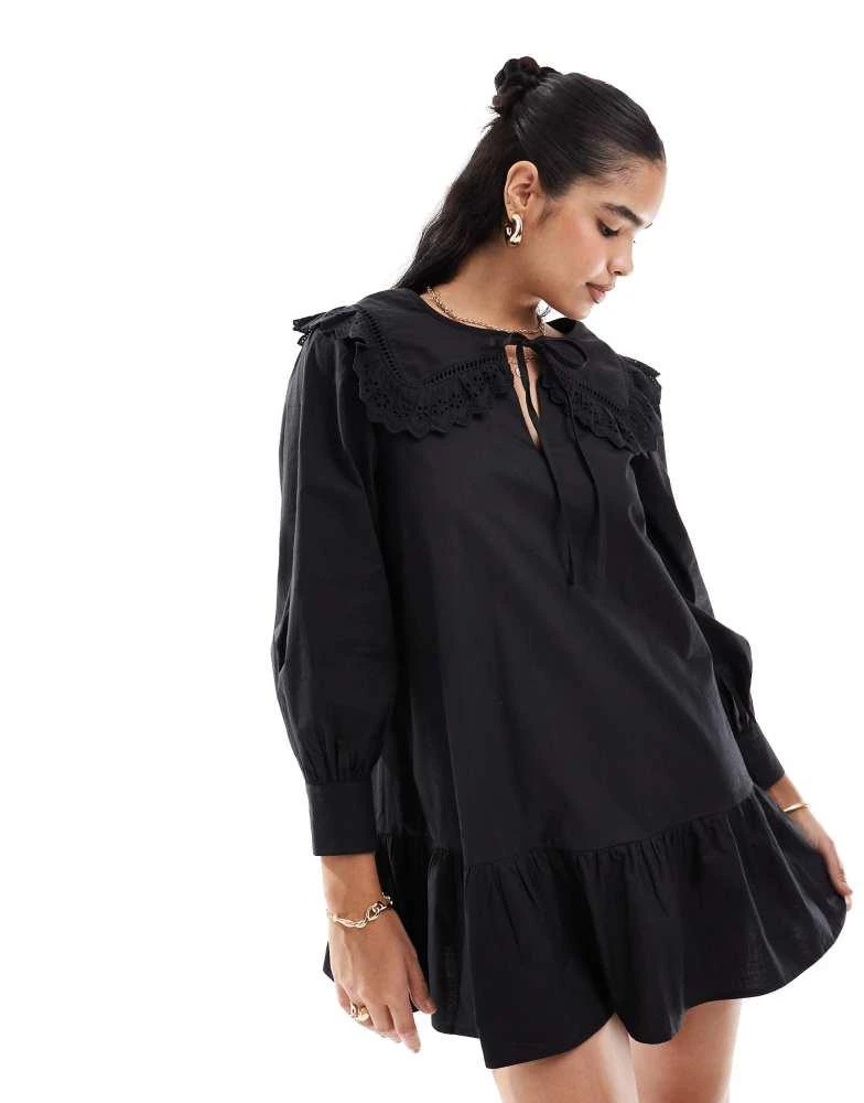 Miss Selfridge Miss Selfridge poplin broderie collar mini smock dress in  black - Dresses & Skirts - BeyondStyle