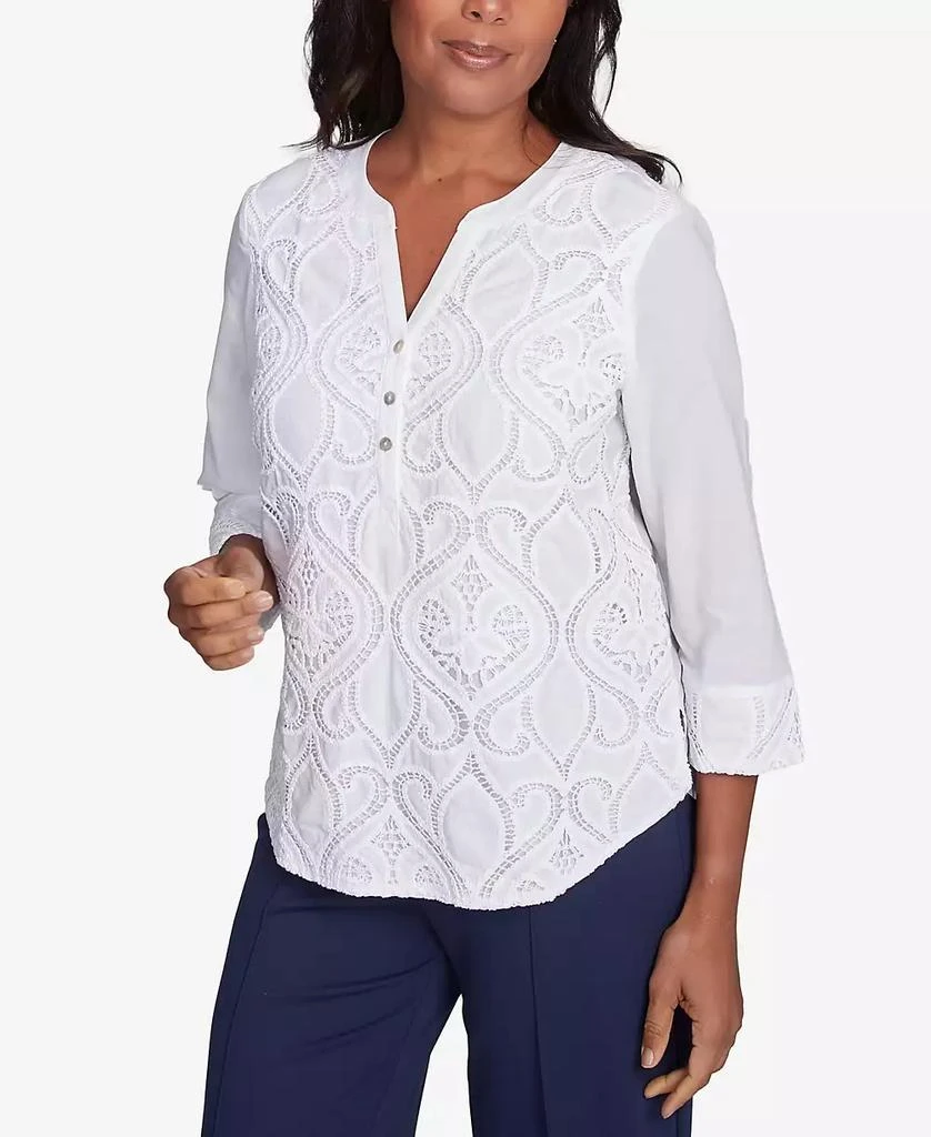 Alfred Dunner Petite Nantucket Lace Scroll Solid Henley Top 3