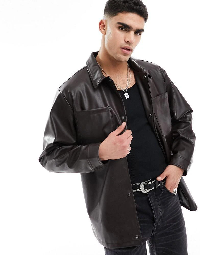 ASOS ASOS DESIGN faux leather shacket in brown 1