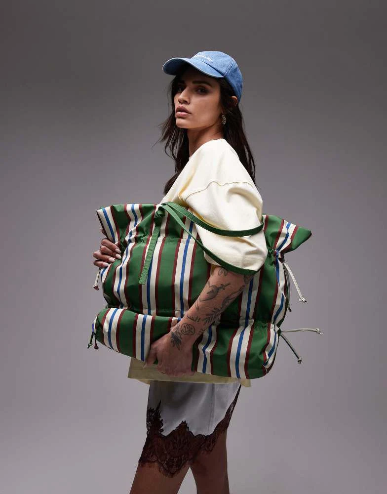 Topshop Topshop Tino nylon ruched tote bag in green stripe 1