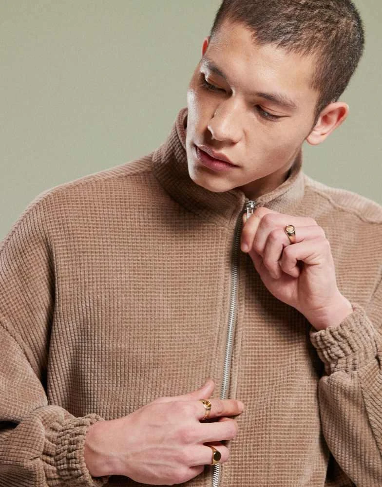 ASOS ASOS DESIGN oversized waffle funnel neck jacket in brown 3