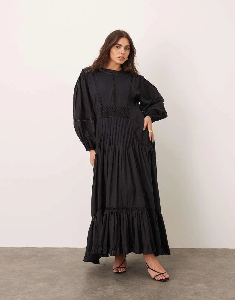 ARRANGE ARRANGE Curve cotton voile maxi dress with lace trim in black 1