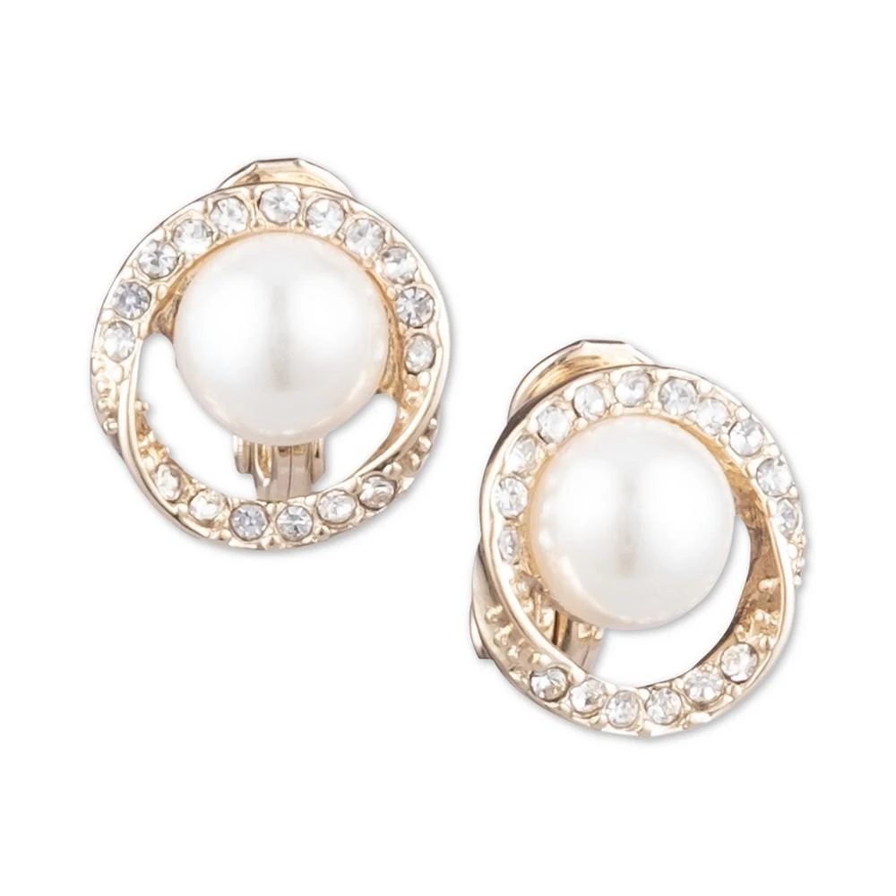 Anne Klein Gold-Tone Pavé & Imitation Pearl Halo E-Z Comfort Clip-On Button Earrings