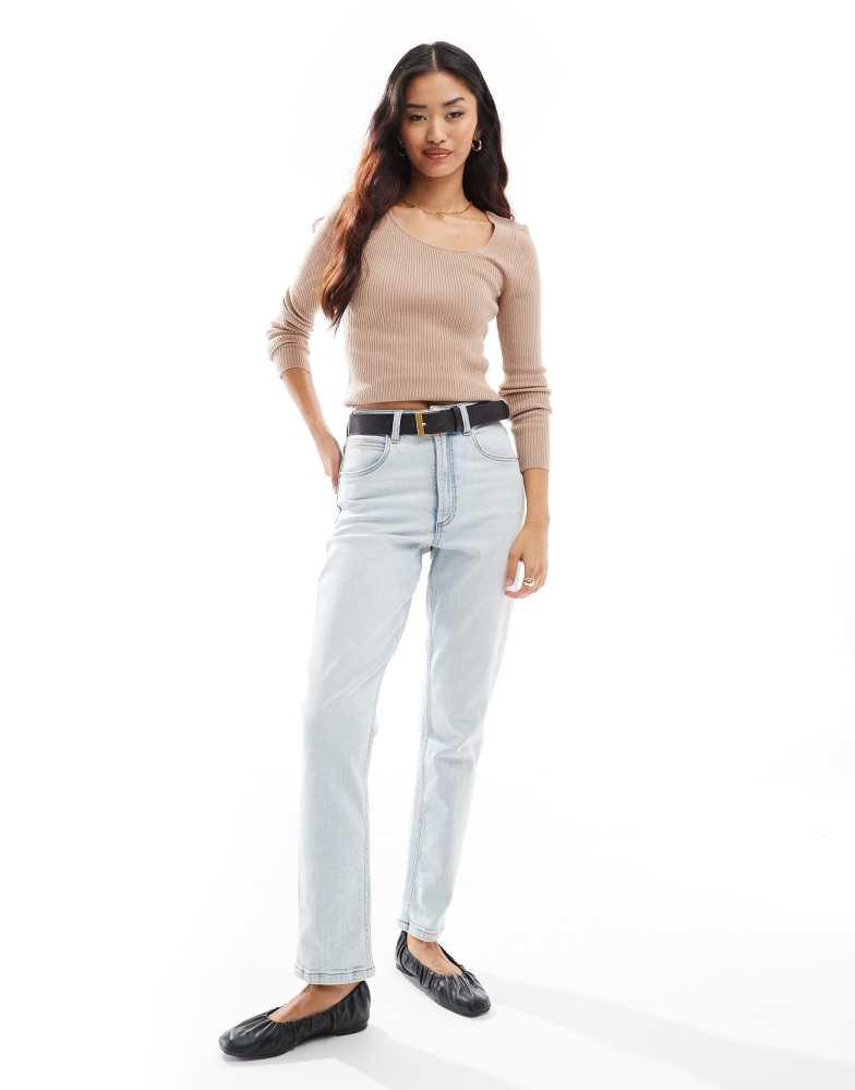 Y.A.S. YAS asymmetric neck long sleeve knitted top in beige - BEIGE