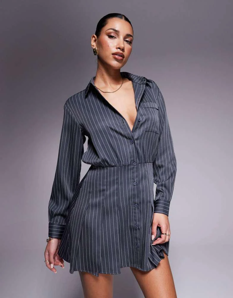 In The Style In The Style x Natalya Wright exclusive tailored pleated mini shirt dress in charcoal pinstripe 1