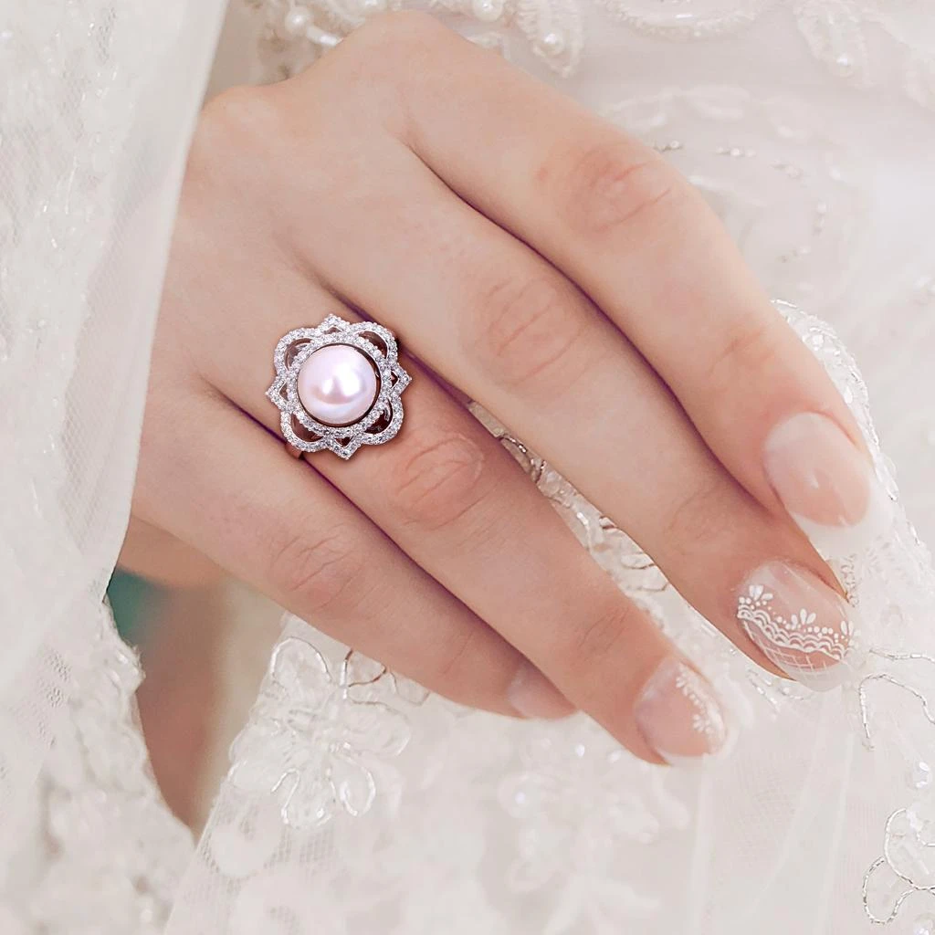 Mimi 
Max 9mm Cultured Freshwater Pearl 3/8ct TW Diamond Vintage Ring 14k White Gold 4