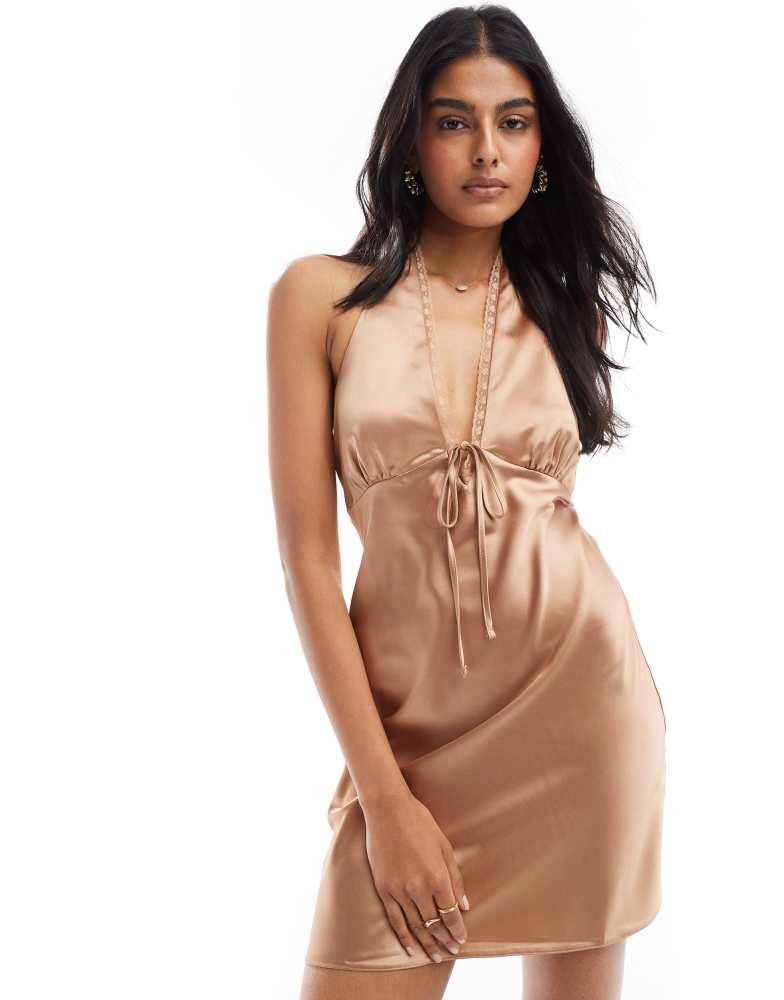 Miss Selfridge Miss Selfridge satin lace trim halter mini dress in bronze