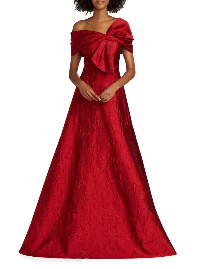 Teri Jon Floral Jacquard Bow-Shoulder Gown 2