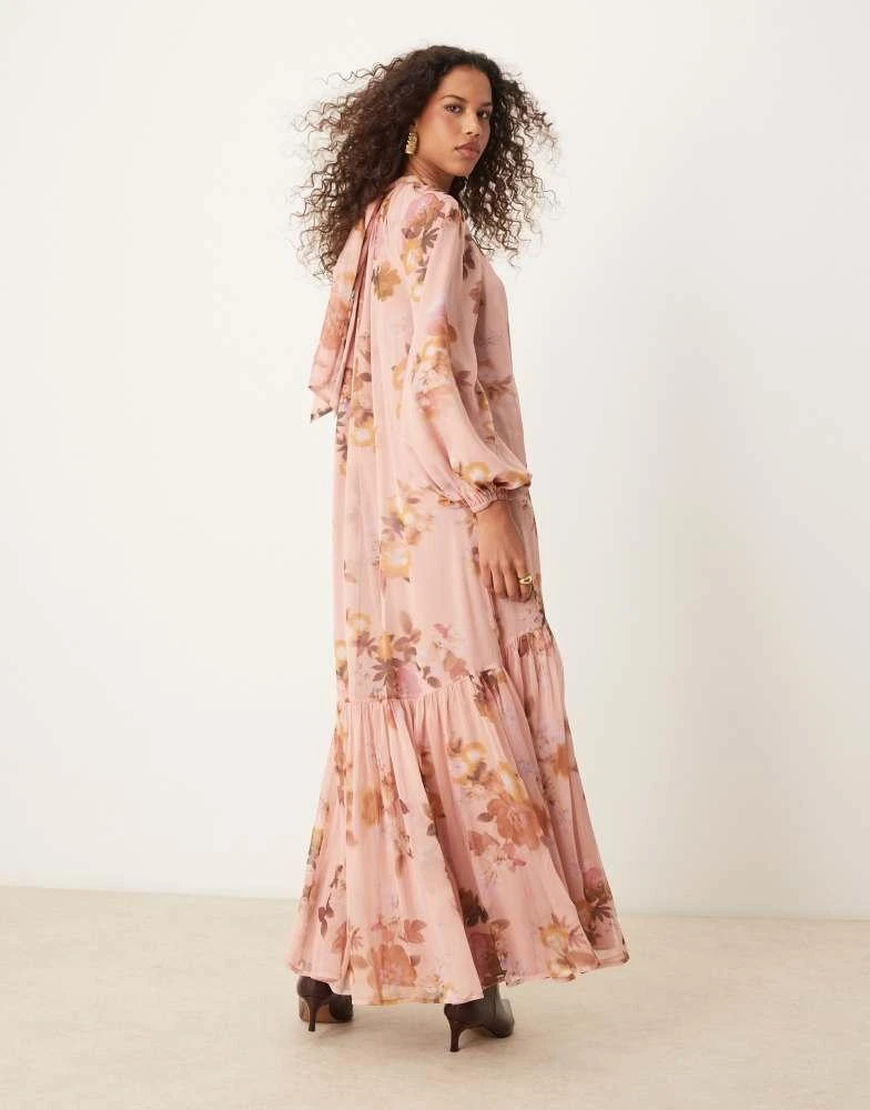ASOS ASOS DESIGN smock tie bow back maxi dress in pink blurred floral print 4