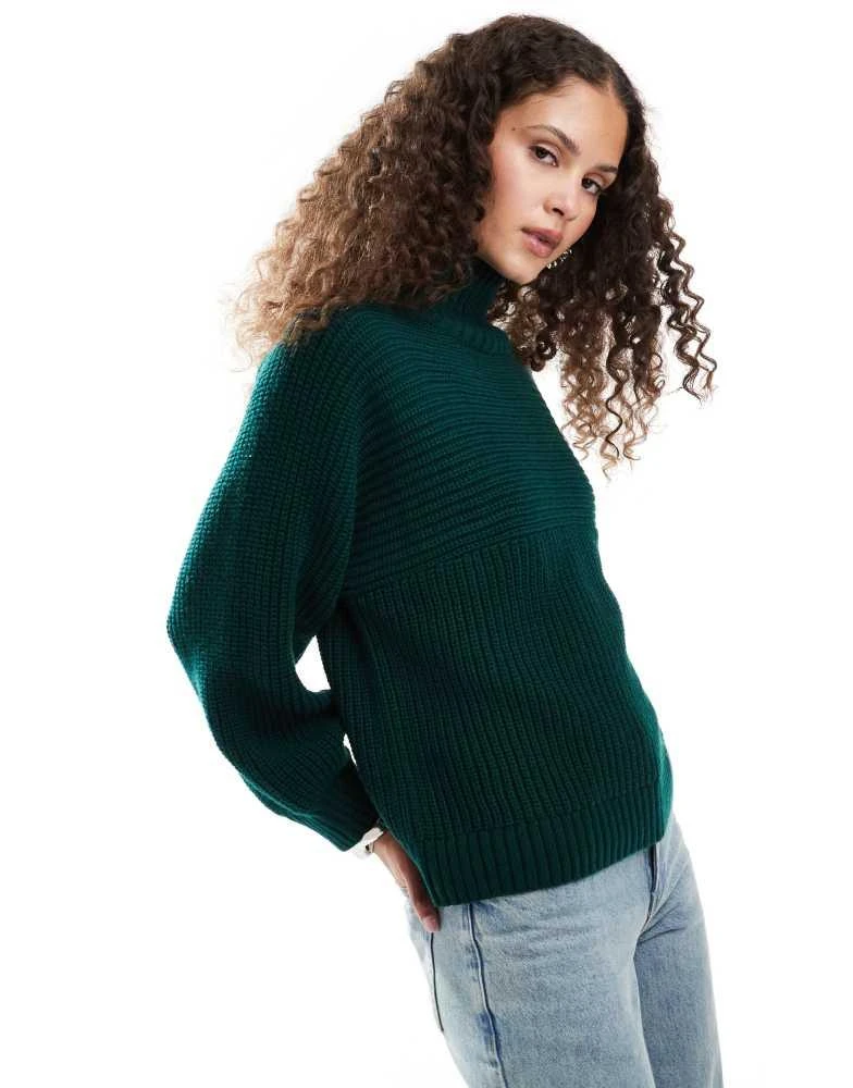 Monki Monki Libby high neck knitted rib jumper in forest green 1