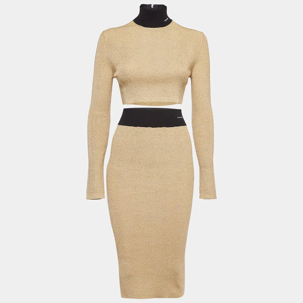 Prada Prada Gold Logo Intarsia Lamé Knit Crop Top and Skirt Set M 1