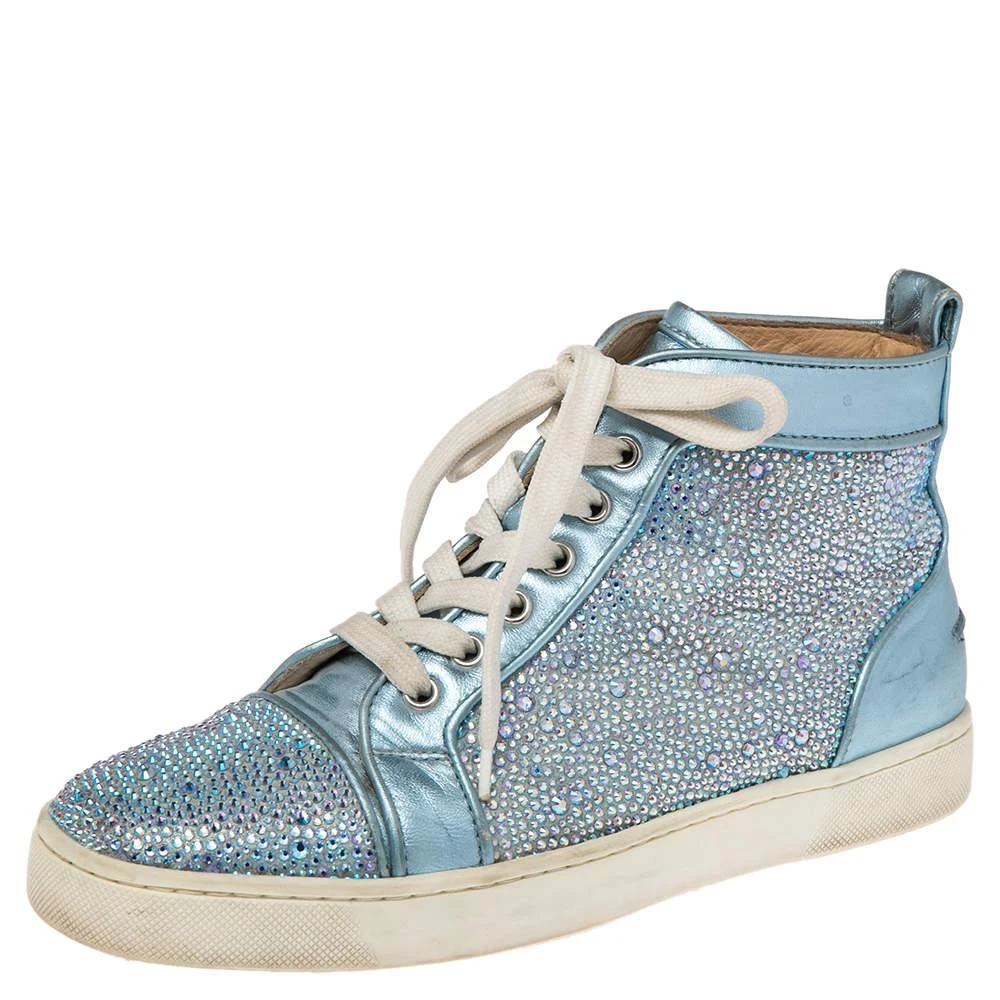 Christian Louboutin Christian Louboutin Light Blue Leather Crystals Embellished Louis Orlato High Top Sneakers Size 38 1