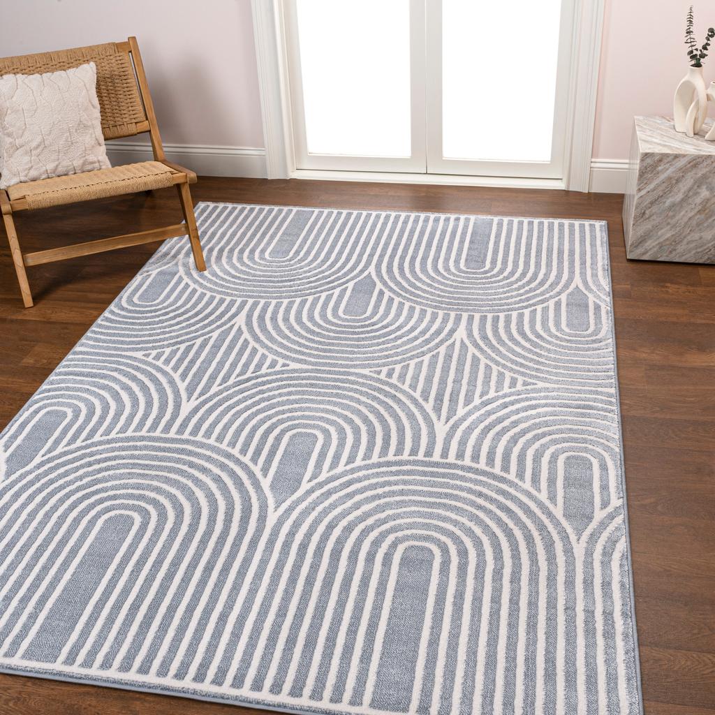 JONATHAN Y Ariana MidCentury Art Deco Striped Arches Two-Tone High-Low Blue/White 3 ft. x 5 ft. Area Rug