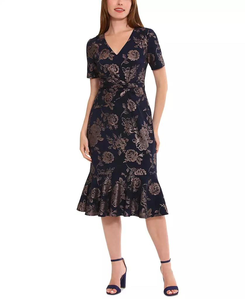 London Times Petite Twist-Waist Flounce-Hem Midi Dress 1