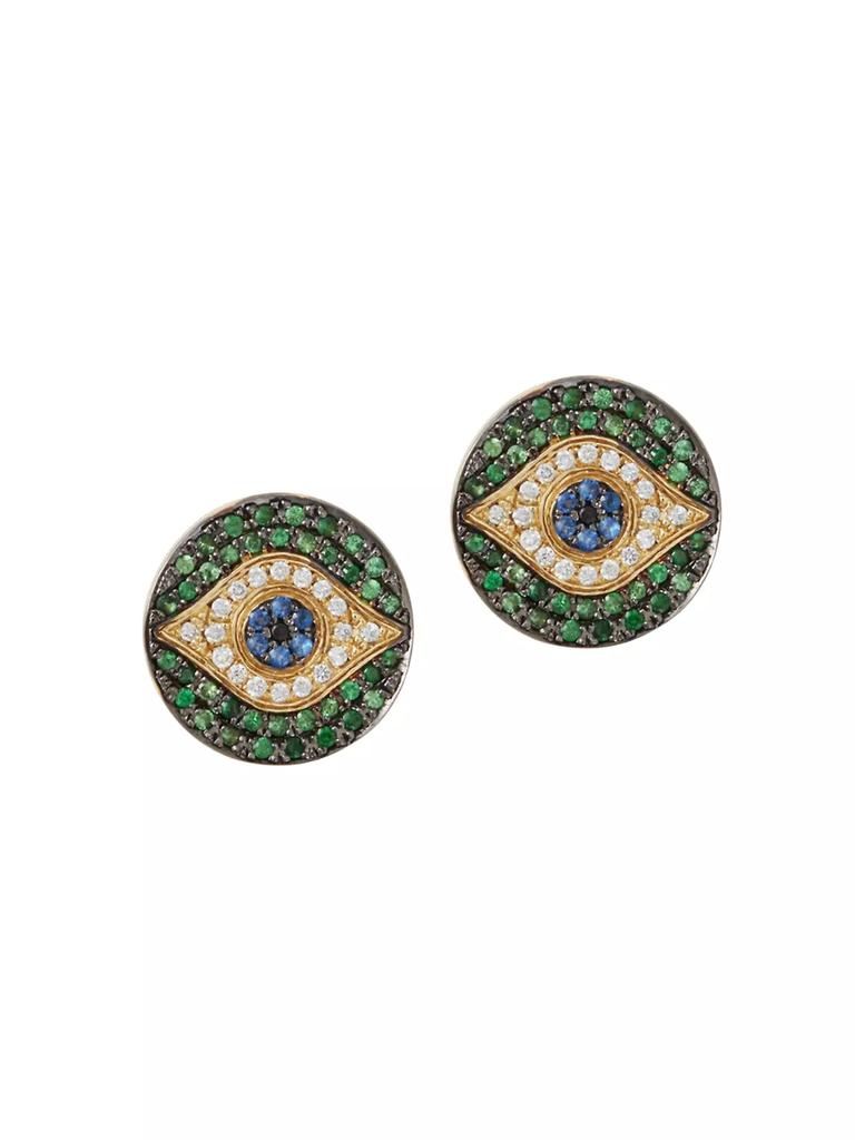 Ileana Makri Evil Eye Mini 18K Yellow Gold, White Diamond, Black Diamond, Blue Sapphire & Tsavorite Stud Earrings