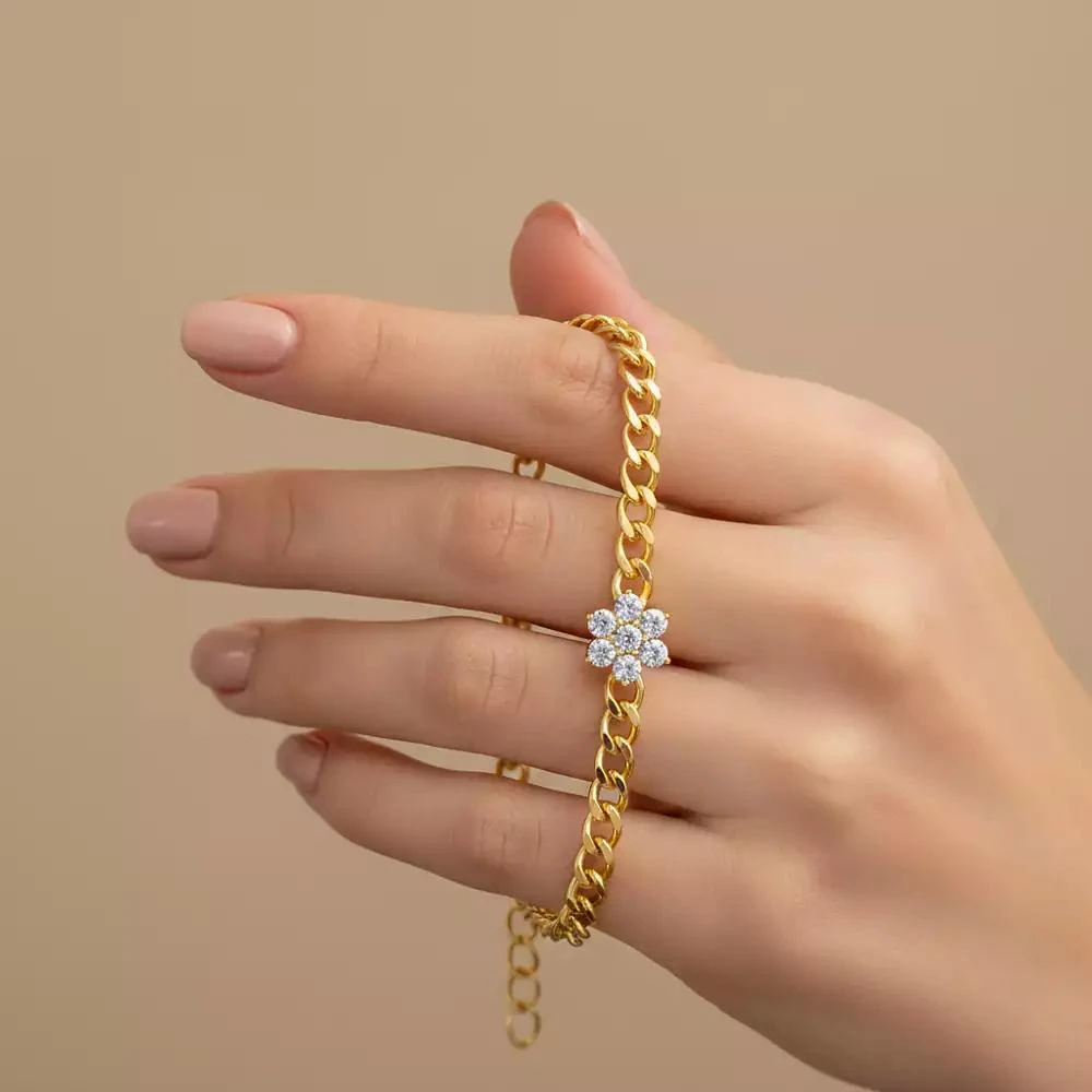 Rachel Glauber Women
s 14K Gold Plated CZ Flower Bloom Cuban Link Bracelet 3