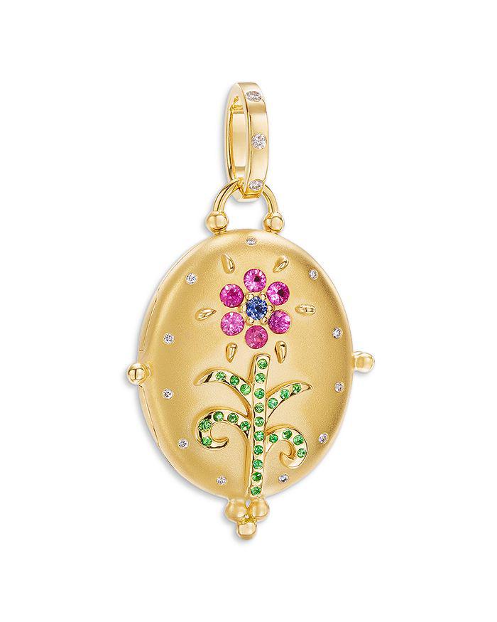 Temple St. Clair 18K Yellow Gold FJ Multi Gemstone 
Diamond Flower 
Stem Oval Locket